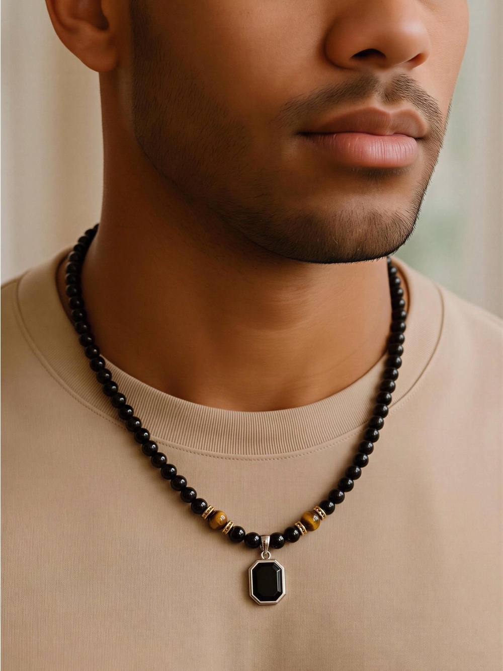 Fashion Nova Black Beaded Necklace with Gold Accents and Black Pendant